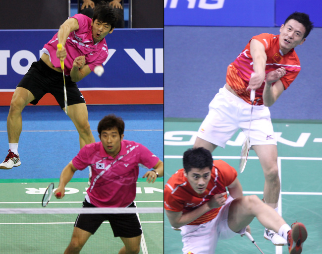 <YONHAP PHOTO-0602> <런던라이벌> ④이용대-정재성 vs 차이윈-푸하이펑 (서울=연합뉴스) 이용대-정재성 콤비(왼쪽)가 2008년 베이징 올림픽 1회전에서 접었던 배드민턴 남자복식 금메달의 꿈을 런던 올림픽에서 반드시 이루겠다는 각오를 다지고 있다. 이용대-정재성이 런던에서 '금빛 메달'을 다툴 상태는 중국의 '간판'이자 세계랭킹 2위인 차이윈-푸하이펑 조다. 2012.7.1 zjin@yna.co.kr/2012-07-01 11:57:48/ <저작권자 ⓒ 1980-2012 ㈜연합뉴스. 무단 전재 재배포 금지.>
Korea’s Lee Yong-dae (top) and Jung Jae-sung
Yonhap News