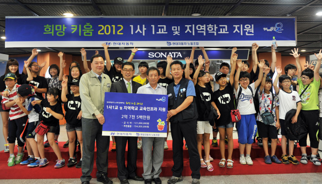 <YONHAP PHOTO-0986> 현대차노사 울산지역 학교에 지원금 (울산=연합뉴스) 현대차노사는 23일 울산 북구 현대차 문화회관 홍보관에서 '희망키움 2012, 1사1교 및 지역학교 지원' 전달식을 열었다. 2012.7.23. <<현대차 제공>> canto@yna.co.kr/2012-07-23 13:17:08/ <저작권자 ⓒ 1980-2012 ㈜연합뉴스. 무단 전재 재배포 금지.>
<YONHAP PHOTO-0986> 현대차노사 울산지역 학교에 지원금 (울산=연합뉴스) 현대차노사는 23일 울산 북구 현대차 문화회관 홍보관에서 '희망키움 2012, 1사1교 및 지역학교 지원' 전달식을 열었다. 2012.7.23. <<현대차 제공>> canto@yna.co.kr/2012-07-23 13:17:08/ <저작권자 ⓒ 1980-2012 ㈜연합뉴스. 무단 전재 재배포 금지.>
