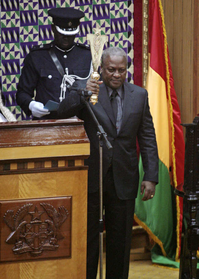 Ghana Vice President John Mahama is sworn in as new President of Ghana in parliament after the death of the late Ghana President John Atta Mills in Accra, Ghana, Tuesday.  AP-Yonhap News