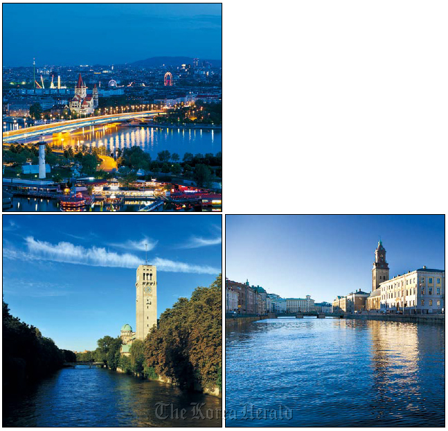 European countries have undertaken river restoration projects to create sustainable river environments. (Counter clockwise) Nighttime river view in Vienna, Austria; Gothenburg’s canal in Sweden; Danube River in Munich, Germany.