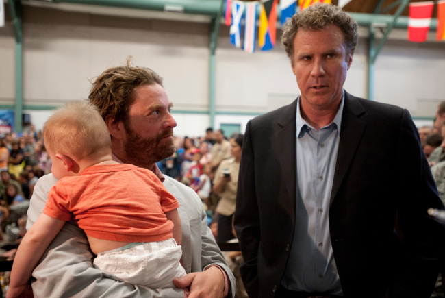 Will Ferrell (right) and Zach Galifinakis speak to the media about their upcoming film “The Campaign” at the Naval Air Station Joint Reserve Base in Fort Worth, Texas, on July 18. (Fort Worth Star-Telegram/MCTeye)
