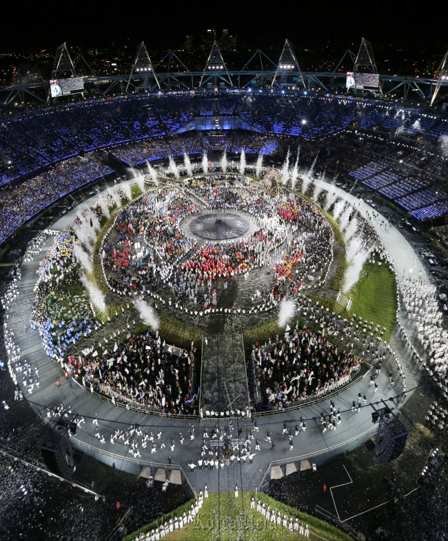 Athletes march in a parade during the Opening Ceremony at the 2012 Summer Olympics on Friday in London. (AP-Yonhap News)