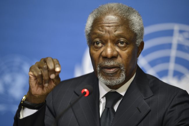Kofi Annan, Joint Special Envoy of the United Nations and the Arab League for Syria, speaks during a press briefing, at the European headquarters of the United Nations in Geneva, Switzerland, Thursday.    AP-Yonhap News