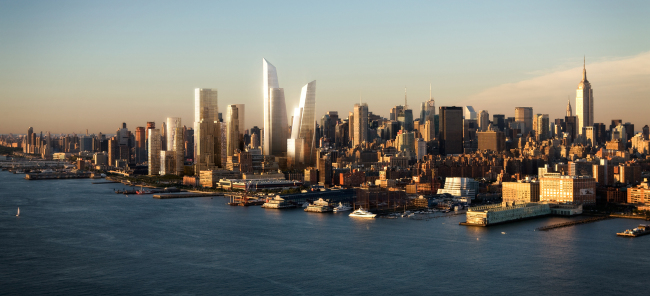 <YONHAP PHOTO-0791> CORRECTS AMOUNT OF SQUARE FOOTAGE TO 12 MILLION INSTEAD OF 111 MILLION - This undated artist's rendering provided by Visualhouse, via Related Companies, shows the planned Hudson Yards urban village, center, that will start rising soon on the acres of land overlooking the Hudson River, with 12 million square feet of real estate space. Bounded by 10th and 12th avenues and West 30th and 33rd streets, it is Manhattan's largest tract of land still available for major development. (AP Photo/Visualhouse via Related Companies)/2012-08-05 08:30:42/ <저작권자 ⓒ 1980-2012 ㈜연합뉴스. 무단 전재 재배포 금지.>
This artist’s rendering shows the planned Hudson Yards urban village, at center, that will start rising soon on the land overlooking the Hudson River, with 1.1 million square meters of real estate space.  AP-Yonhap News