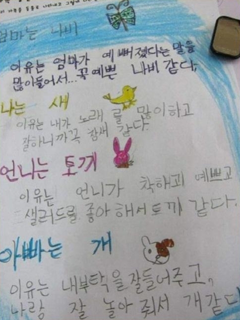 어느 초등학생 그림일기 “엄마는 나비, 아빠는 개?” 폭소