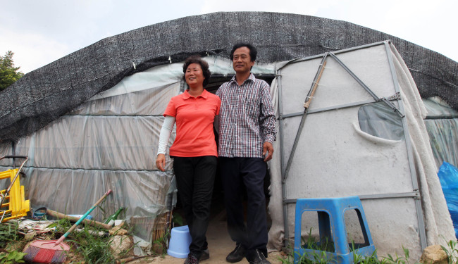 Gymnastics gold medalist Yang Hak-seon’s parents walk out of their makeshift greenhouse home where they have been living for the past two years. Yonhap News