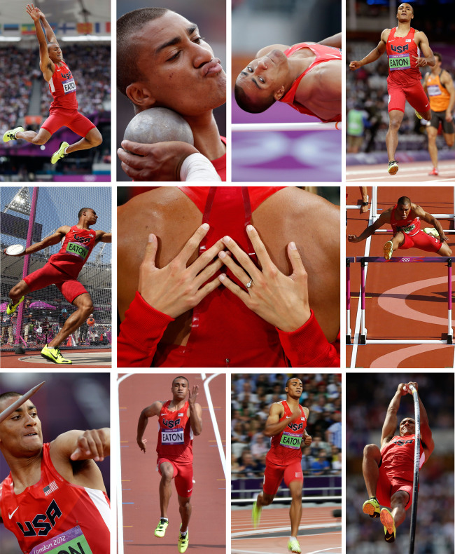 The center frame shows Ashton Eaton of the U.S. being embraced by his girlfriend Brianne Theisen after winning gold in the decathlon. The other frames show Eaton competing in the 10 disciplines that comprise the decathlon event.  AP-Yonhap News
