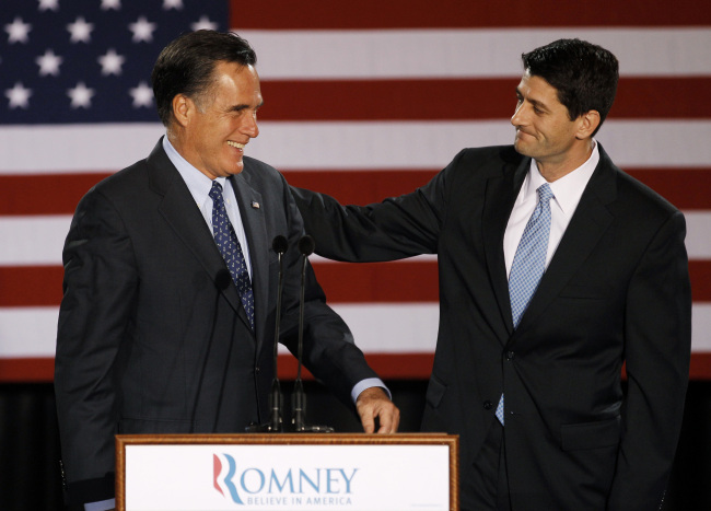 Wisconsin Congressman  Paul Ryan, R-Wis. introduces Republican presidential candidate, former Massachusetts Gov. Mitt Romney before Romney spoke at the Grain Exchange in Milwaukee, in this April 3, 2012 file photo. (AP)