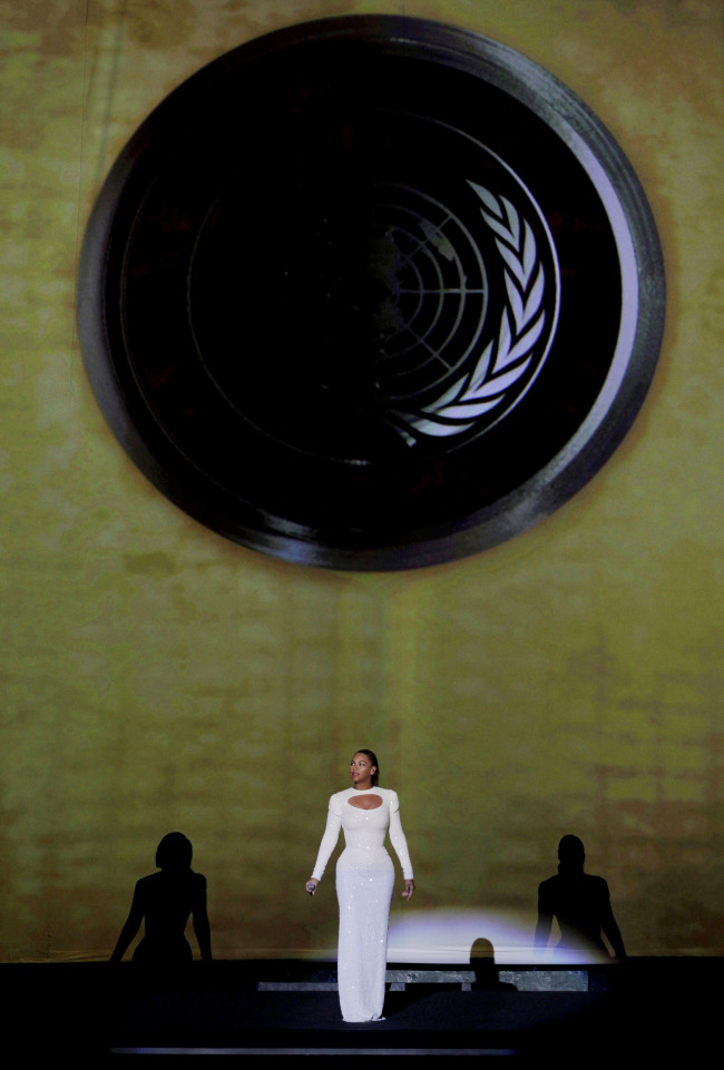 Beyonce performs “I Was Here” for World Humanitarian Day at the United Nations General Assembly Hall in New York City on Friday.  UPI-Yonhap News