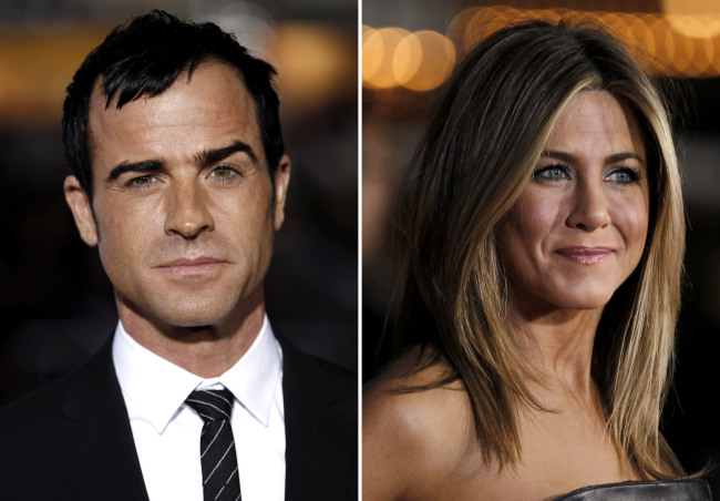 This combo photo made from Feb. 16 file photos shows Justin Theroux (left) and Jennifer Aniston.    AP-Yonhap News