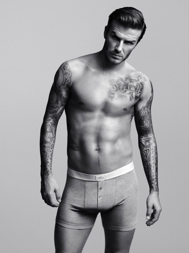 This undated product photo provided by H&M shows a look from an underwear collection created and modeled by soccer star David Beckham.   AP-Yonhap News