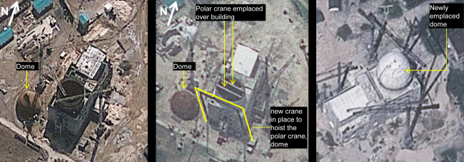 These three satellite images taken on (from left) March 20, June 24 and Aug. 6, by GeoEye-1 satellite, and released Tuesday by IHS Jane’s Defence Weekly show development of the building construction at Yongbyon Nuclear Scientific Research Center in North Korea.   AP-Yonhap News