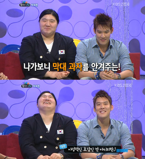 장미란(좌/역도선수/고양시청),박태환(우/수영선수)
마린보이 박태환이 장미란을 향한 각별한 우애를 과시했다.
28일 방송된 KBS 2TV ‘김승우의 승승장구’에는 ‘금메달보다 빛난 선수들 특집 제1탄 장미란’ 편이 그려졌다.
이날 장미란의 ‘몰래온 손님’으로 출연한 박태환은 “장미란과 친해지고 싶어 7년 전 한 시상식에서 먼저 장미란에게 축하 인사를 건네며 전화번호를 물어봤다”고 말해 눈길을 끌었다.