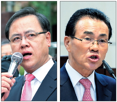 이명수(국회의원/선진통일당),유한식(광역단체장/세종특별자치시장)
Rep. Lee Myoung-soo and Yu Han-sik
A lawmaker and a mayor of the minor conservative Advancement and Unification Party said Wednesday they will soon defect to the ruling Saenuri Party, prompting speculation about their impact ahead of December’s presidential election.