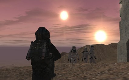 This scene from movie "Star Wars" shows a fictional planet Tatooine, which orbits two stars.