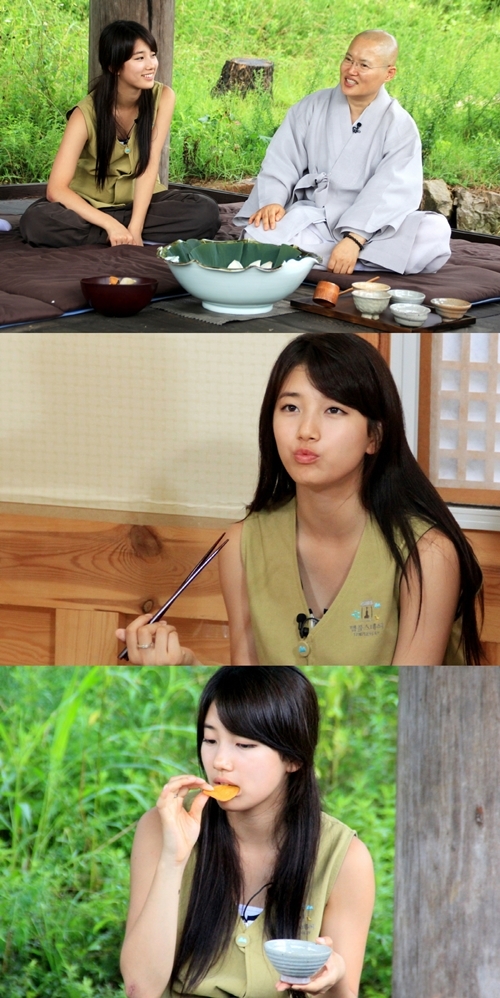 수지(배수지/가수/미쓰에이)
오는 9월 1일 방송되는 KBS 2TV ‘청춘불패2’에서는 수지를 비롯한 출연자들이 대부도 쌍계사로 템플스테이 여행을 떠나는 모습이 그려진다. 이번 촬영에서 수지는 사찰음식 전문가인 대안스님과 함께 사찰음식 만들기, 명상, 참선, 힐링체조 등을 체험했다.