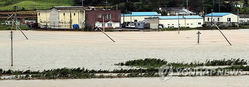 A small town near Mokpo, South Jeolla Province, is flooded by heavy rain accompanied by the typhoon Tembin (Yonhap News)
