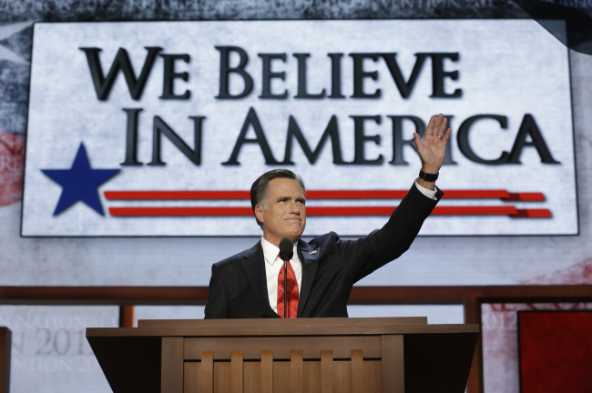 Republican presidential nominee Mitt Romney addresses delegates after speaking at the Republican National Convention in Tampa, Florida, Thursday.    AP-Yonhap News