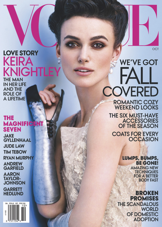 This cover image released by Vogue shows actress Keira Knightley on the cover of the October issue of “Vogue.”   AP-Yonhap News
