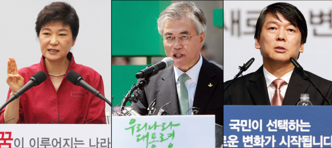 Ahn Cheol-soo’s (right) entry has launched a three-way presidential race along with the ruling Saenuri Party’s Rep. Park Geun-hye (left) and the main opposition Democratic United Party’s Rep. Moon Jae-in.   Yonhap News