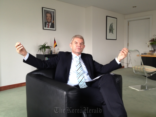 German Ambassador to Korea Rolf Mafael gestures during an interview with The Korea Herald at his office in Seoul on Friday.   Philip Iglauer/The Korea Herald