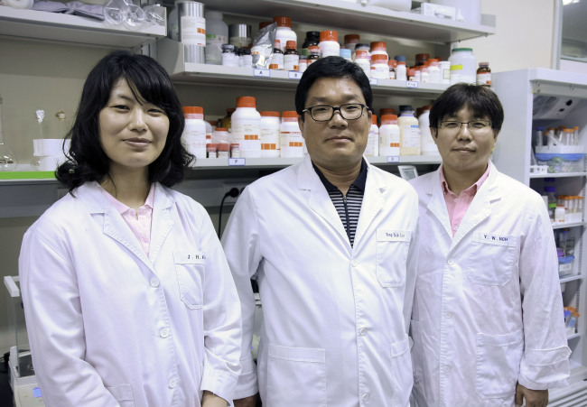 Professor Lim Yong-taik (center) poses with his co-researchers, Kim Ji-hyun (left) and No Young-wook.   Yonhap News