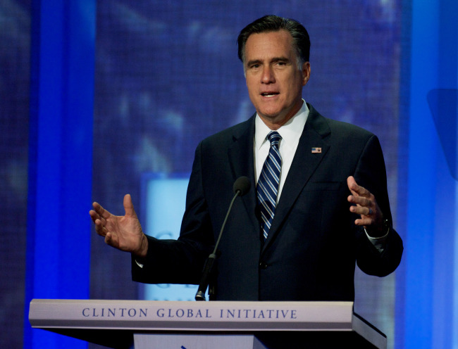 U.S. presidential candidate Mitt Romney addresses the 2012 Clinton Global Initiative Annual Meeting held at the Sheraton Hotel in New York City on Tuesday.   UPI-Yonhap News