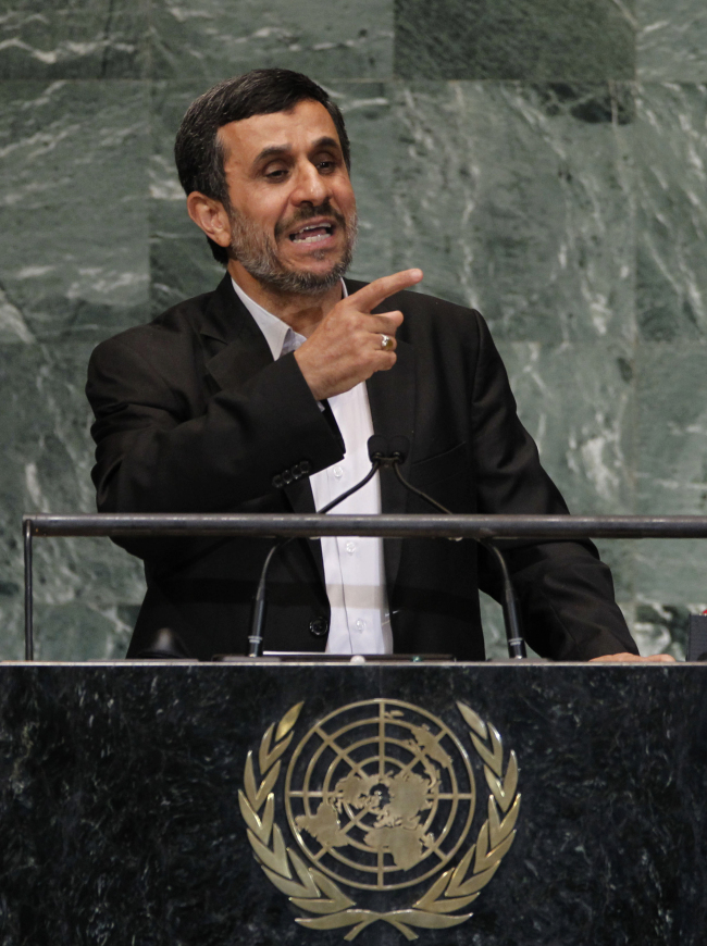 Iran’s President Mahmoud Ahmadinejad addresses the 67th session of the United Nations General Assembly at U.N. headquarters, New York, Wednesday.   AP-Yonhap News