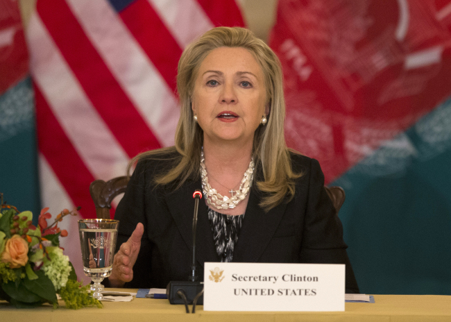 U.S. Secretary of State Hillary Rodham Clinton speaks during a meeting of the U.S.-Afghanistan Bilateral Commission at the State Department in Washington on Wednesday.   AP-Yonhap News