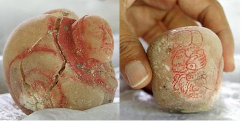 The carved alabaster vessel (shown from two sides) found in the burial chamber caused the archaeologists to conclude the tomb was that of Lady K’abel. Credit: Washington University in St. Louis. (UPI)