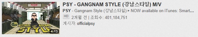 싸이(박재상/가수/음악PD)
가수 싸이가 유튜브에서 조회수 4억건을 돌파했다. 8일 오전 싸이의 ‘강남스타일’ 뮤직비디오는 전세계 최대 규모의 동영상 사이트 유튜브에서 조회수 4억118만4751건을 기록했다.