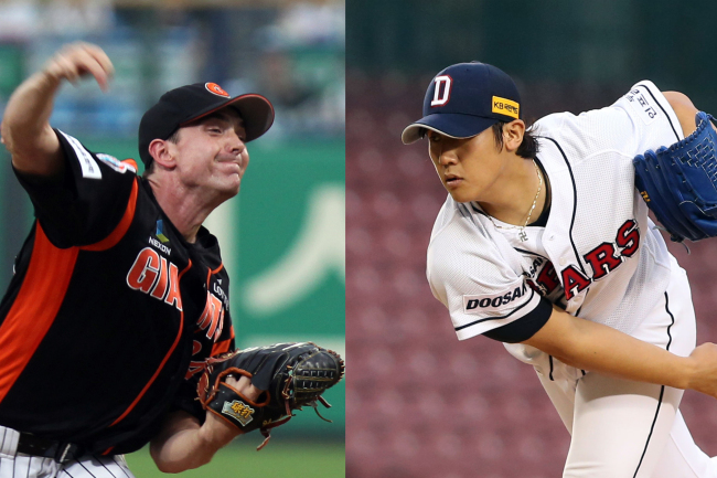 Lotte’s Ryan Sadowski (left) and Doosan’s Lee Yong-chan will be the Game 3 starters.   (Yonhap News)