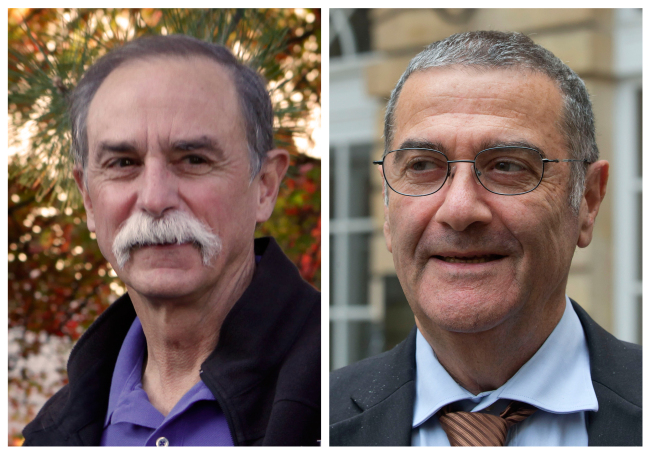 American physicist David Wineland (left) poses at his home in Boulder, Colorado, and French physicist Serge Haroche speaks to the media in Paris after they were named winners of the 2012 Nobel Prize in physics.
AP-Yonhap News