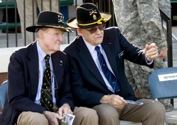 Retired Command Sgt. Maj. Basil L. Plumley (right) at the National Infantry Museum and Soldier Center in Columbus, Georgia, in 2009.   AP