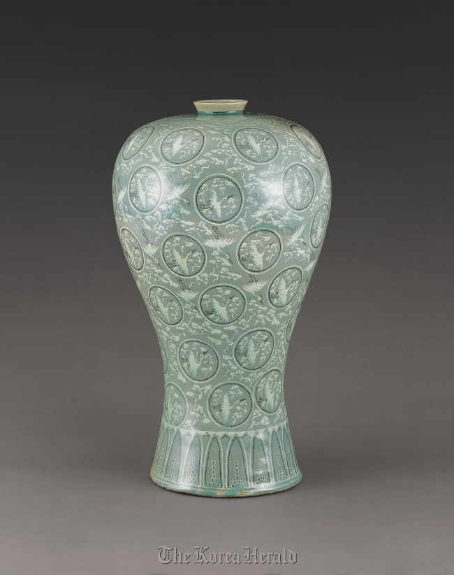 Goryeo dynasty celadon maebyeong vase with inlaid clouds and cranes design, a National Treasure from the National Museum of Korea