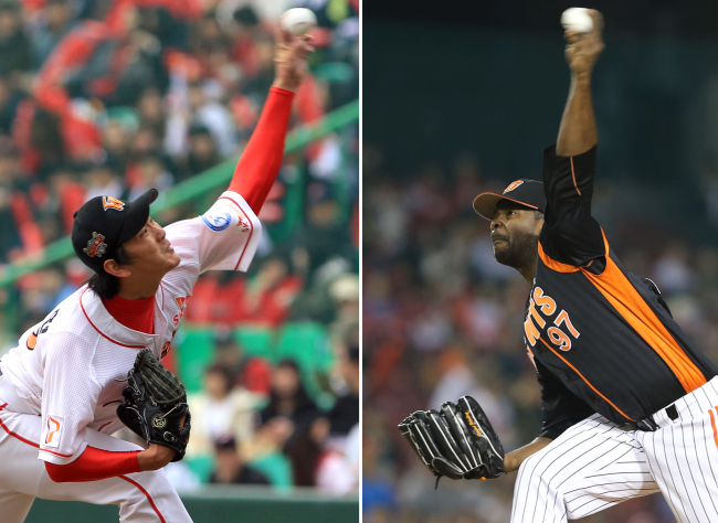 Game 5 starters: SK’s Kim Kwang-hyun (left) and Lotte’s Shane Youman   Yonhap News