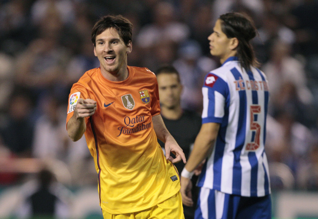 Barcelona’s Lionel Messi celebrates his goal on Saturday.   AP-Yonhap News