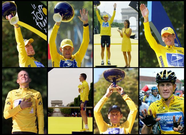 랜스 암스트롱(Lance Armstrong/사이클선수)
<YONHAP PHOTO-2014> (FILES) A combination made on June 14, 2012 shows seven file pictures (LtoR, top to bottom) taken in 2005, 2004, 2003, 2002, 2001, 2000 and 1999 of US cyclist Lance Armstrong posing on the podium on the Champs-Elysees in Paris after winning the Tour de France cylcing racen, and a picture taken in 2005 showing seven fingers (meaning seven victories) during the 92nd Tour de France. Lance Armstrong was banned on October 22, 2012 by the International Cycling Union (UCI) as the world cycling body upheld an earlier doping sanction handed to the seven-times Tour de France champion. AFP PHOTO / JAVIER SORIANO / JOEL SAGET / FRANCK FIFE / PATRICK KOVARICK / MARTIN BUREAU../2012-10-22 21:53:58/ <저작권자 ⓒ 1980-2012 ㈜연합뉴스. 무단 전재 재배포 금지.>
This combination photo shows Lance Armstrong celebrating his past Tour de France titles.   AFP-Yonhap News