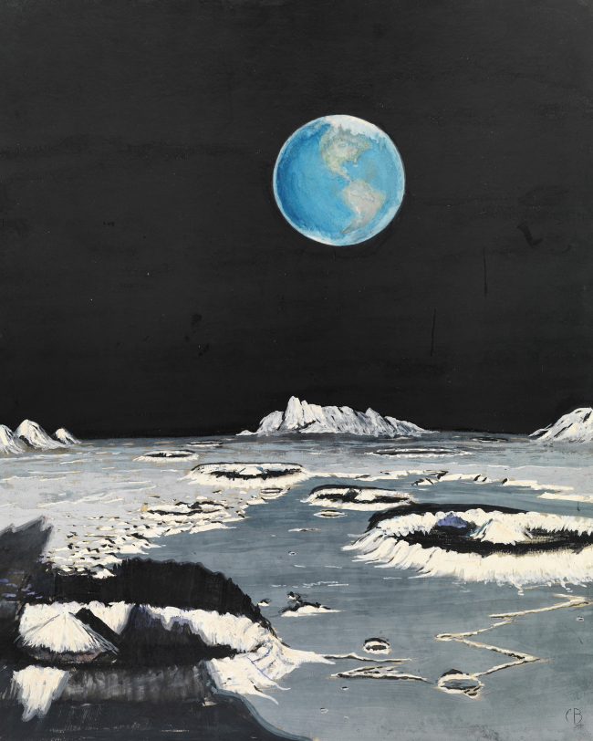 In this 1969 image provided by National Geographic via Christie’s Auction House, an illustration entitled “A Blue Globe Hanging in Space ― The Earth As Seen From The Moon” by Charles Bittinger is shown.   AP-Yonhap News