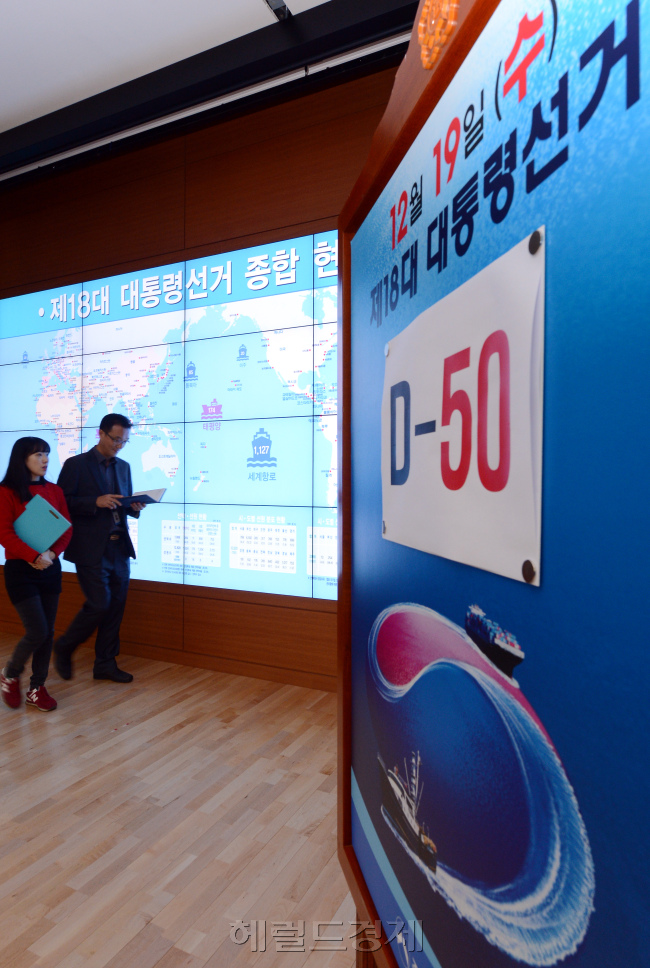 대통령 선거를 50일 앞둔 30일 오전 과천 중앙선거관리위원회 종합상항실에서 선관위 직원들이 선거준비상황을 점검하며 분주히 업무에 임하고 있다./ 안훈기자 rosedale@ 2012.10.30