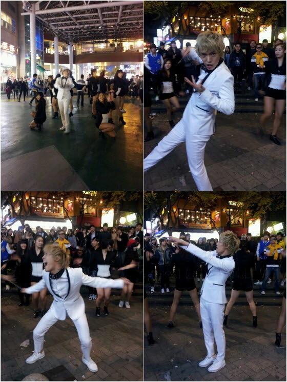 크레이지노(Crazyno/가수)
크레이지노(Crazyno)가 깜짝 길거리 공연을 벌여 시민들의 환호를 받았다. 크레이지노는 지난 3일 오후 8시 30분께 일산 MBC에서 ‘음악중심’ 사전녹화를 마친 뒤 일산 라페스타 앞에서 댄서 15명과 함께 데뷔곡인 ‘MUSICHE(무식해)’를 선보였다.