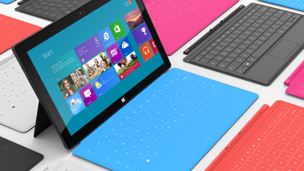 This product rendering released by Microsoft shows Surface, a 9.3 millimeter thick tablet with a kickstand to hold it upright and keyboard that is part of the device's cover. (AP / MICROSOFT)