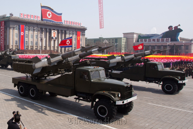 In this file photo taken on April 15, SA-3 ground-to-air missiles are displayed during a military parade in honor of the 100th birthday of the late North Korean leader Kim Il-sung in Pyongyang.   AFP-Yonhap News