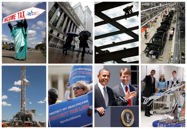 This combination of Associated Press file photos shows some of the key economic sectors that could be impacted by America’s decision to re-elect President Barack Obama over Republican presidential candidate, former Massachusetts Gov. Mitt Romney on Tuesday.    AP-Yonhap News