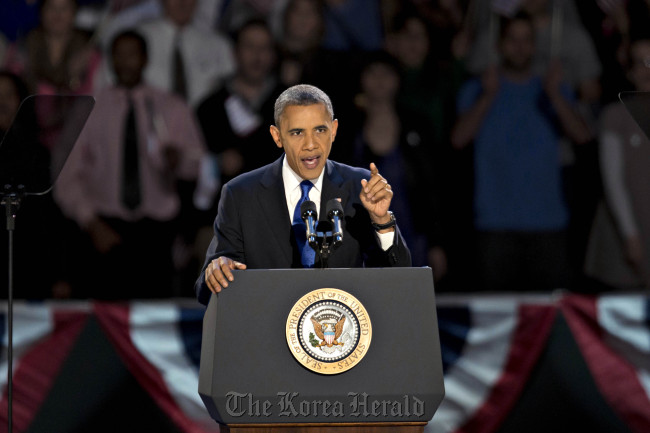 버락 오바마(Barack Obama/정치인/미국대통령)
U.S. President Barack Obama makes an acceptance speech during an election night rally in Chicago, Illinois.   Bloomberg