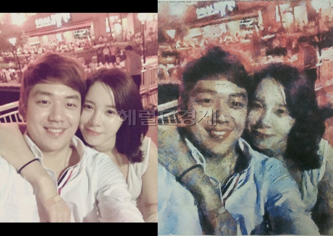 이용대와 여자친구 한수현 사진. 왼쪽은 화가에게 의뢰한 사진 원본이고 오른쪽은 화가가 그린 그림이다.  사진제공=이용대