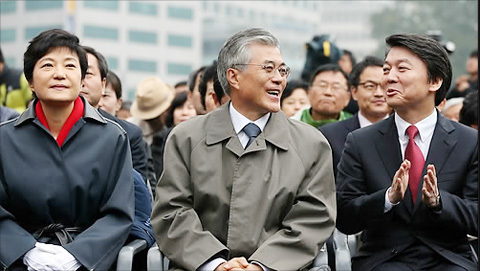 Three major presidential cadidates Park Geun-hye(left), Moon Jae-in(center), and Ahn Cheol-soo(right). (Yonhap News)