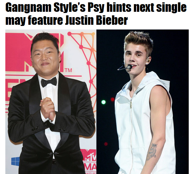 싸이(박재상/가수),저스틴 비버(Justin Bieber/가수)
글로벌스타 싸이의 새앨범에 대한 외신들의 반응이 뜨겁다. 영국 일간 더 선은 “싸이의 새앨범에 세계적인 팝스타 저스틴 비버가 참여할 것”이라고 내다봤다.
더 선은 12일(현지시간) MTV EMA(유럽 뮤직 어워드) 2012에서 베스트 뮤직비디오상을 수상한 싸이와의 인터뷰를 게재했다.