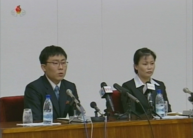 In this image captured from the (North) Korean Central News Agency, Kim Kwang-hyok (left) and Ko Jong-nam speak at a news conference on Nov. 8 in Pyongyang upon their return to the communist country after nearly four years in the South.   Yonhap News