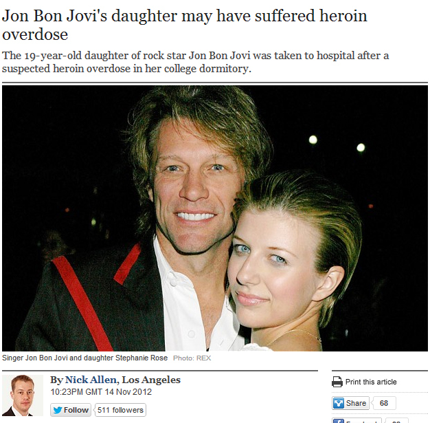 존 본 조비(Jon Bon Jovi/가수),테파니 로즈 본조비(Stephanie Bongiovi)
영국 텔레그래프, 미국 폭스뉴스 등 영미 외신들은 14일(현지시간) 존 본 조비(Jon Bon Jovi)의 장녀 스테파니 로즈 본조비(Stephanie Bongioviㆍ19)가 이날 새벽 2시께 재학 중인 미국 뉴욕 해밀턴대학의 기숙사에서 의식을 잃고 쓰러져 병원으로 이송됐다고 보도했다.